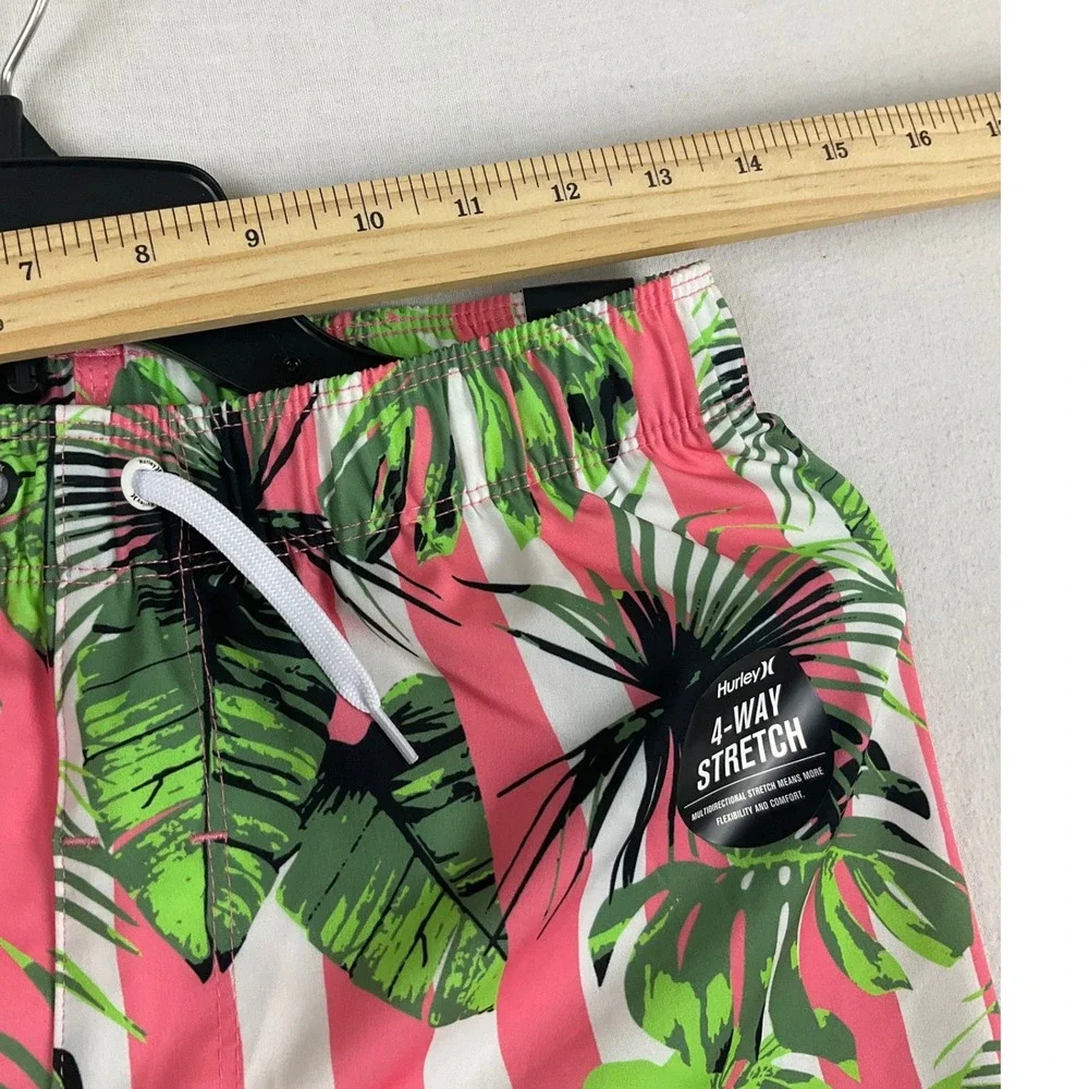Hurley Boys Pink Tropical Stripe 4-Way‎ Stretch Swim Trunks Board Shorts Large L